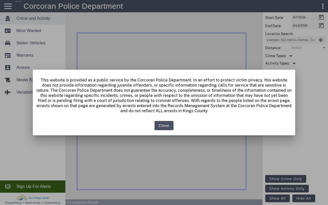 Corcoran Citizen RIMS arrest and booking record interface in Kings County