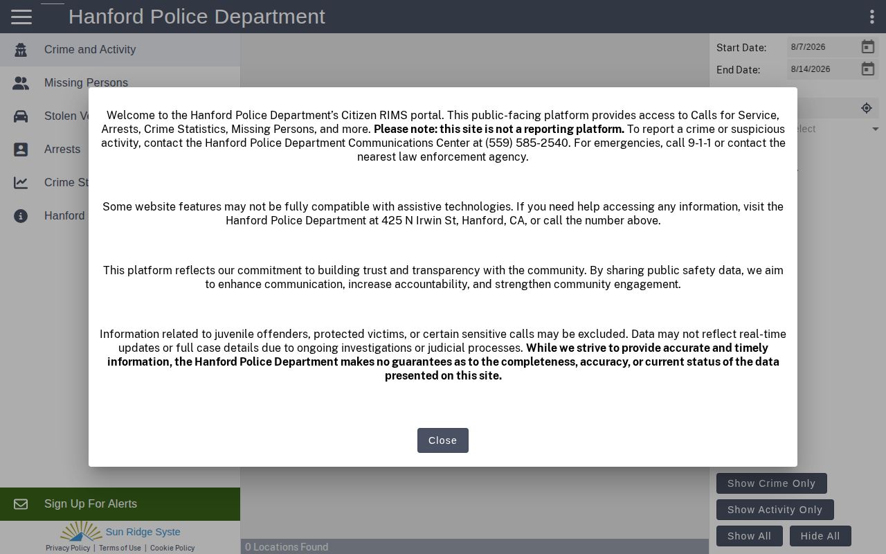 Hanford Citizen RIMS arrest record search in Kings County