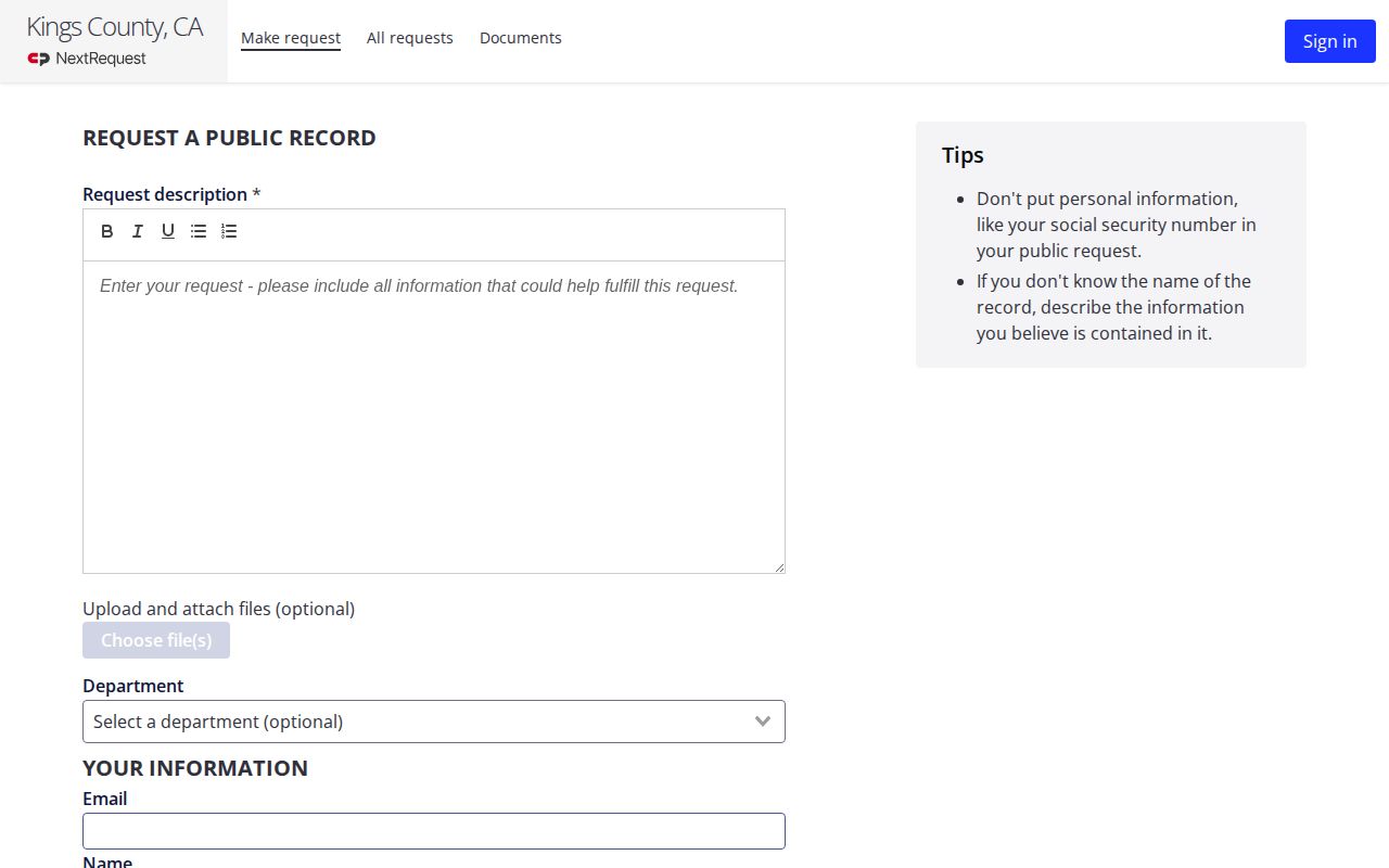 Kings County public records request portal for booking records