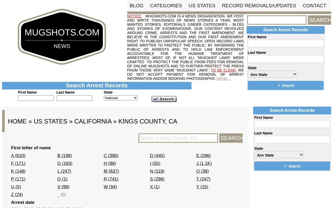 Unofficial historical Kings County mugshot and arrest record archive interface